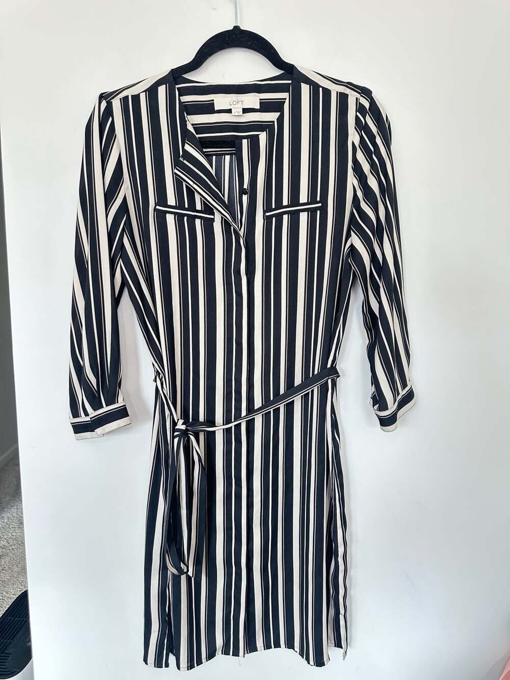 LOFT Black and White Striped Long Sleeve Midi Shirt Dress with Belt
